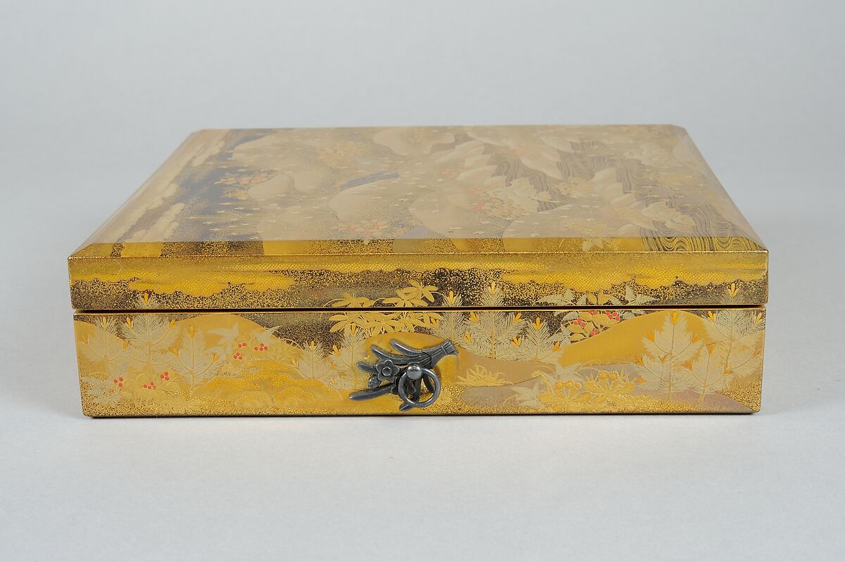 Box for Square Calligraphy Paper (shikishi-bako) with an Auspicious Landscape of Young Pines and Nandina Shrubs, Lacquered wood with gold, silver, red hiramaki-e, takamaki-e, cutout gold foil application on black and nashiji lacquer ground, Japan