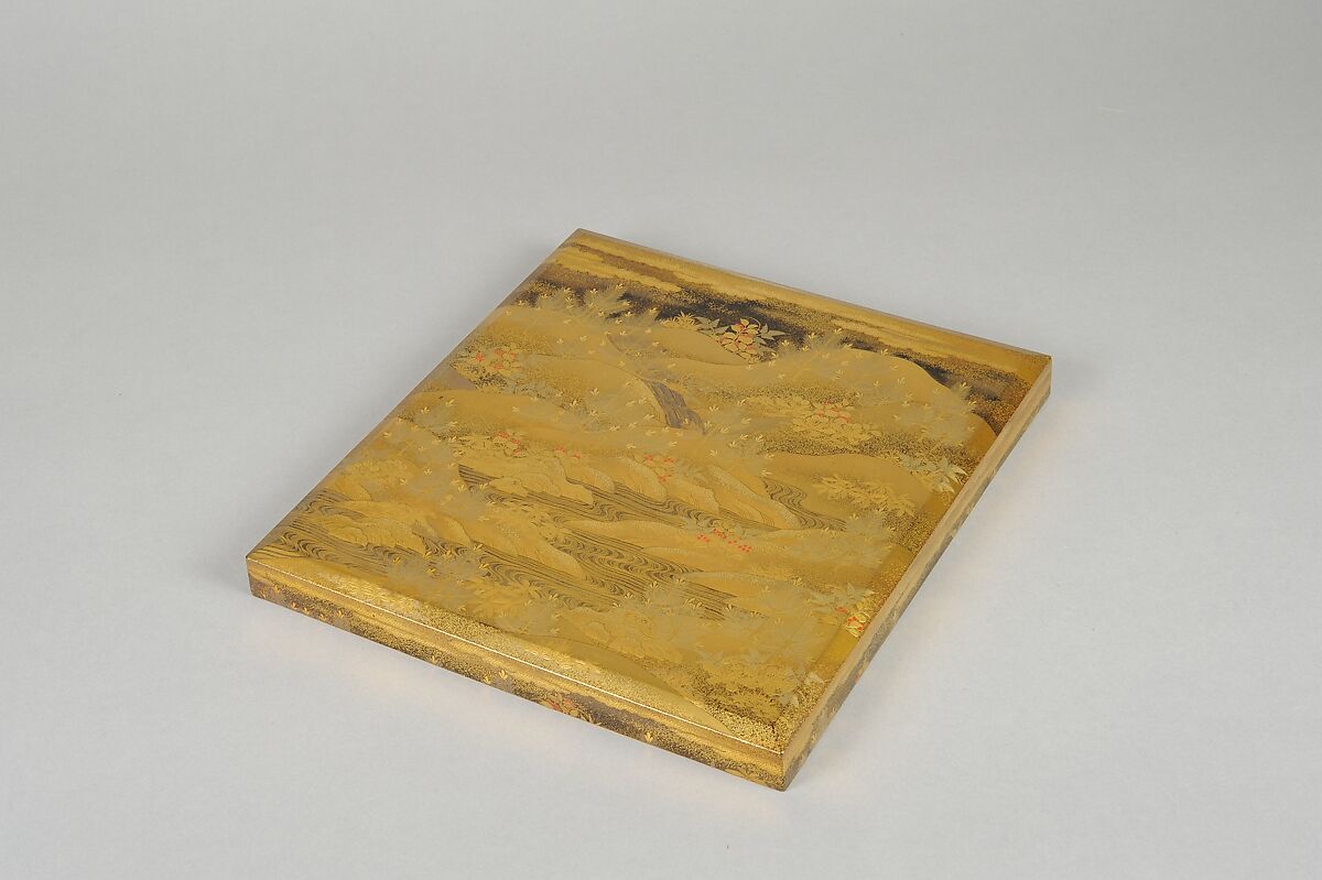 Box for Square Calligraphy Paper (shikishi-bako) with an Auspicious Landscape of Young Pines and Nandina Shrubs, Lacquered wood with gold, silver, red hiramaki-e, takamaki-e, cutout gold foil application on black and nashiji lacquer ground, Japan