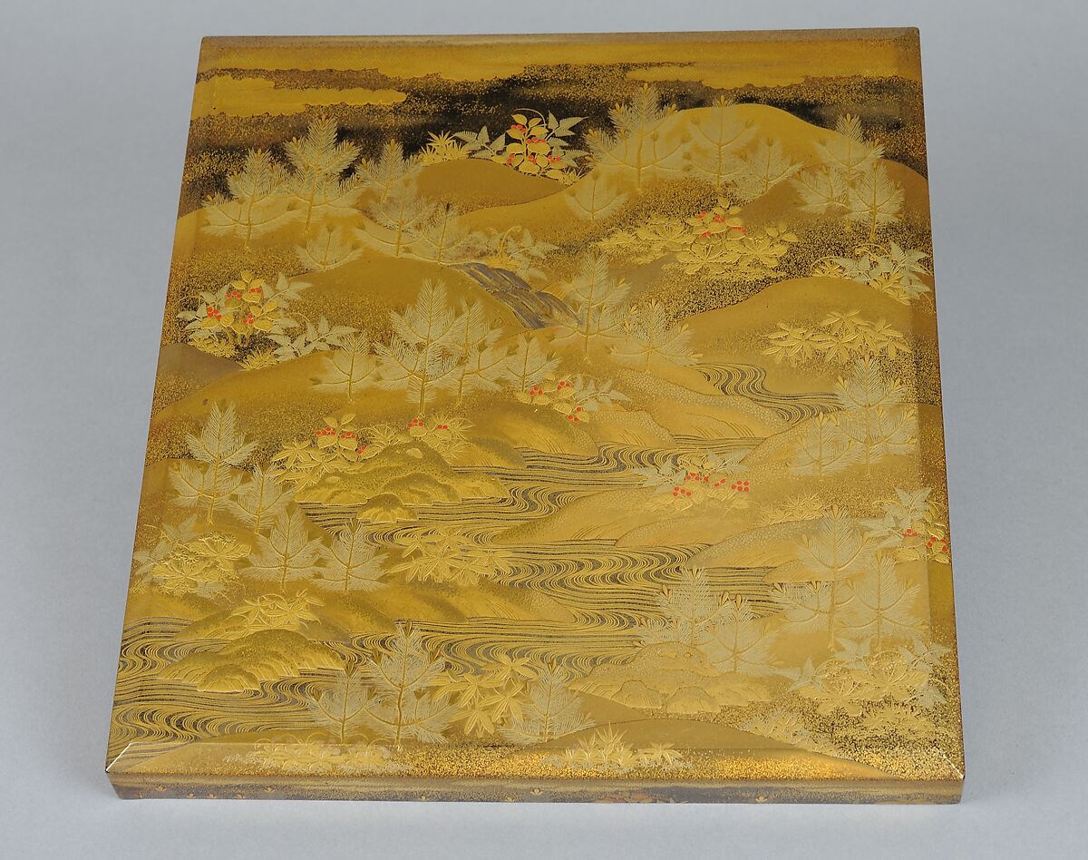 Box for Square Calligraphy Paper (shikishi-bako) with an Auspicious Landscape of Young Pines and Nandina Shrubs, Lacquered wood with gold, silver, red hiramaki-e, takamaki-e, cutout gold foil application on black and nashiji lacquer ground, Japan