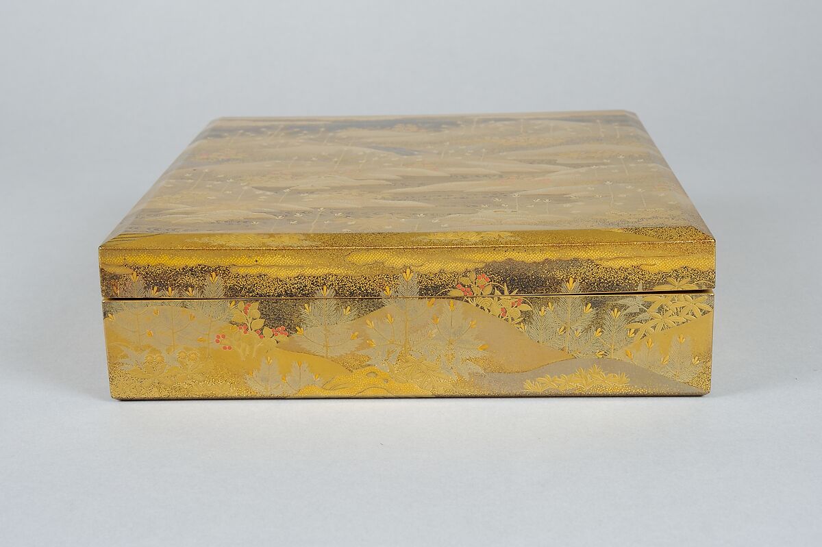 Box for Square Calligraphy Paper (shikishi-bako) with an Auspicious Landscape of Young Pines and Nandina Shrubs, Lacquered wood with gold, silver, red hiramaki-e, takamaki-e, cutout gold foil application on black and nashiji lacquer ground, Japan