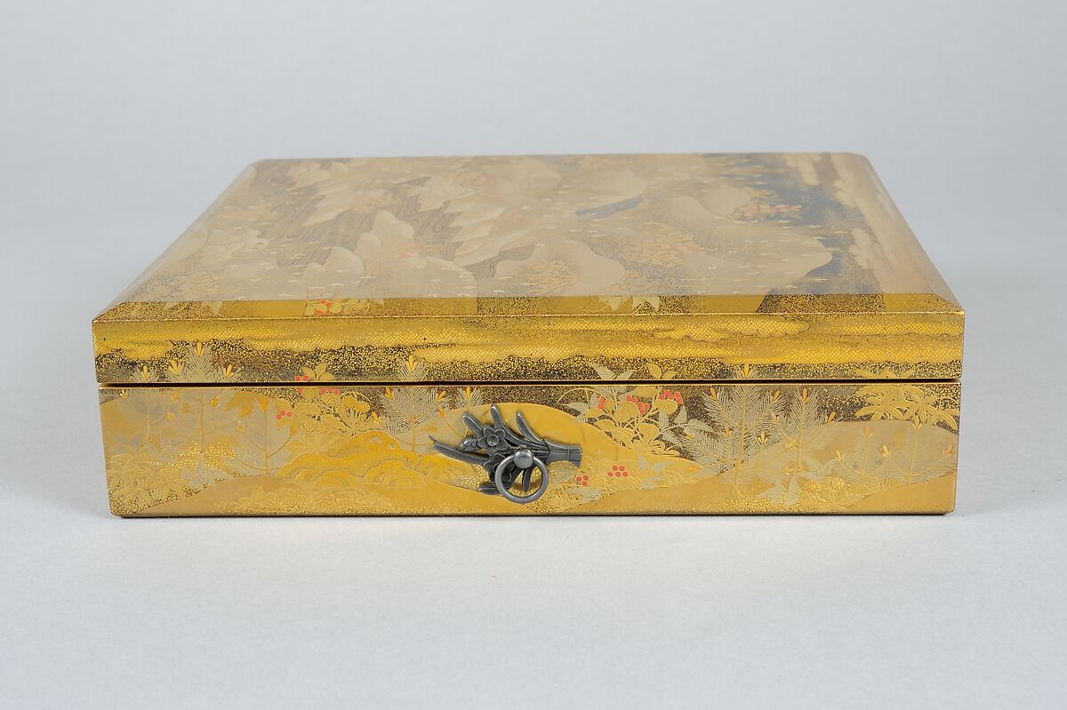 Box for Square Calligraphy Paper (shikishi-bako) with an Auspicious Landscape of Young Pines and Nandina Shrubs, Lacquered wood with gold, silver, red hiramaki-e, takamaki-e, cutout gold foil application on black and nashiji lacquer ground, Japan