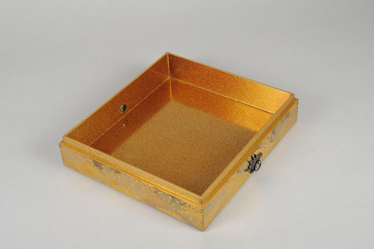 Box for Square Calligraphy Paper (shikishi-bako) with an Auspicious Landscape of Young Pines and Nandina Shrubs, Lacquered wood with gold, silver, red hiramaki-e, takamaki-e, cutout gold foil application on black and nashiji lacquer ground, Japan