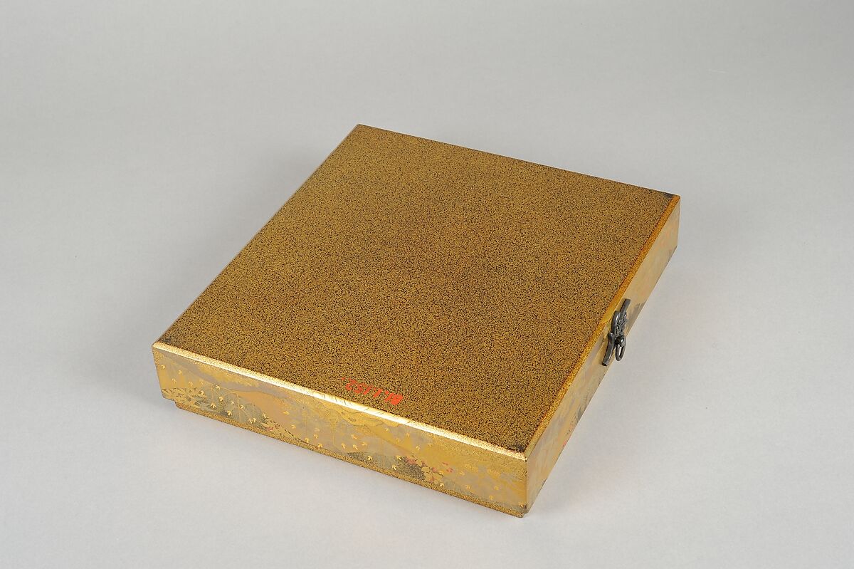 Box for Square Calligraphy Paper (shikishi-bako) with an Auspicious Landscape of Young Pines and Nandina Shrubs, Lacquered wood with gold, silver, red hiramaki-e, takamaki-e, cutout gold foil application on black and nashiji lacquer ground, Japan