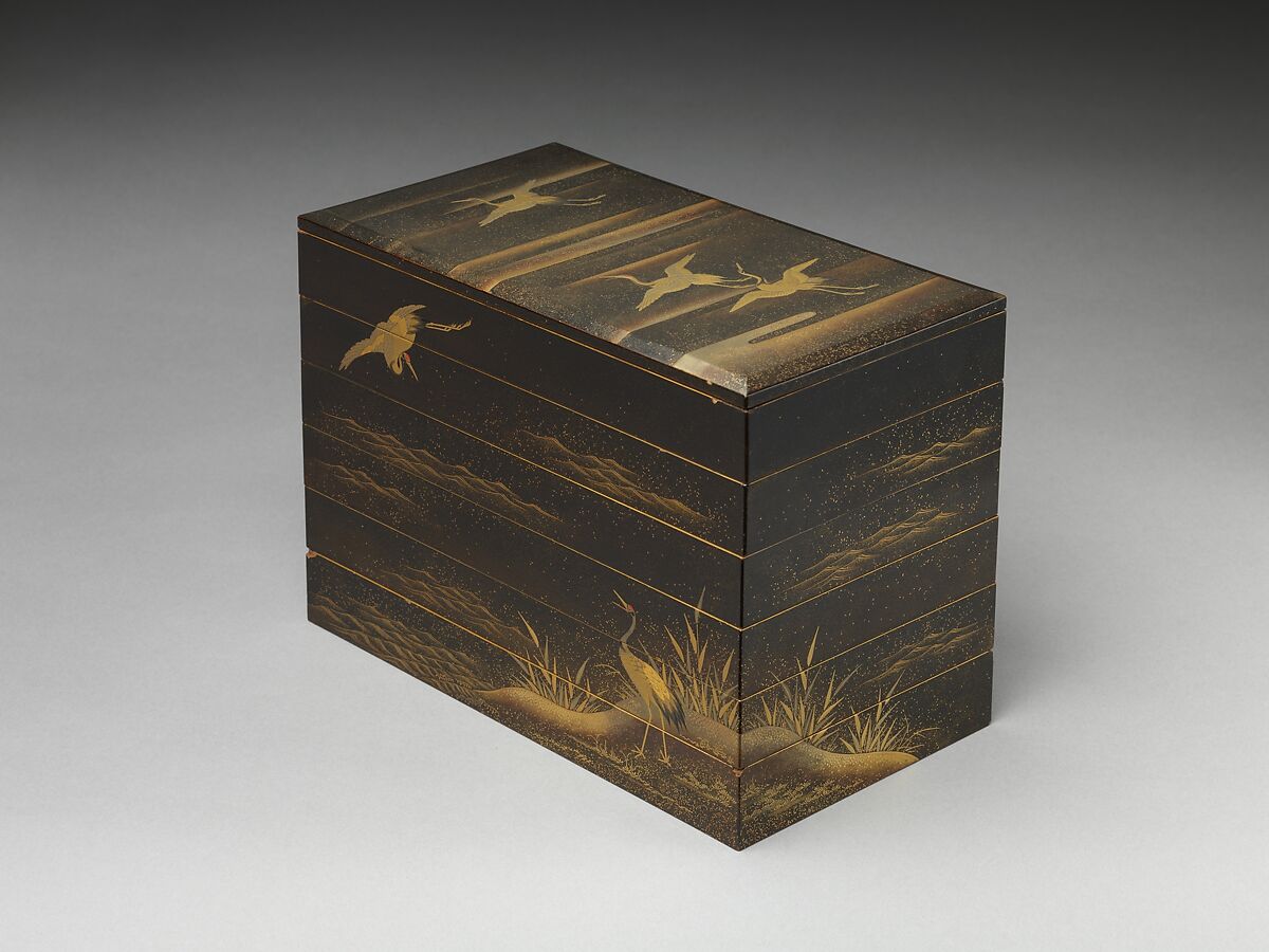 Tiered Box with Reeds and Crane, Black lacquer ground with gold and silver hiramaki-e, Japan 