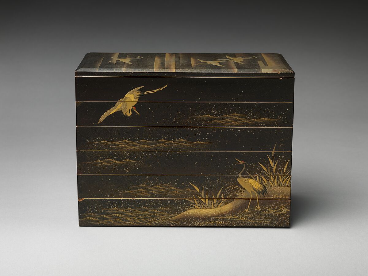 Tiered Box with Reeds and Crane, Black lacquer ground with gold and silver hiramaki-e, Japan