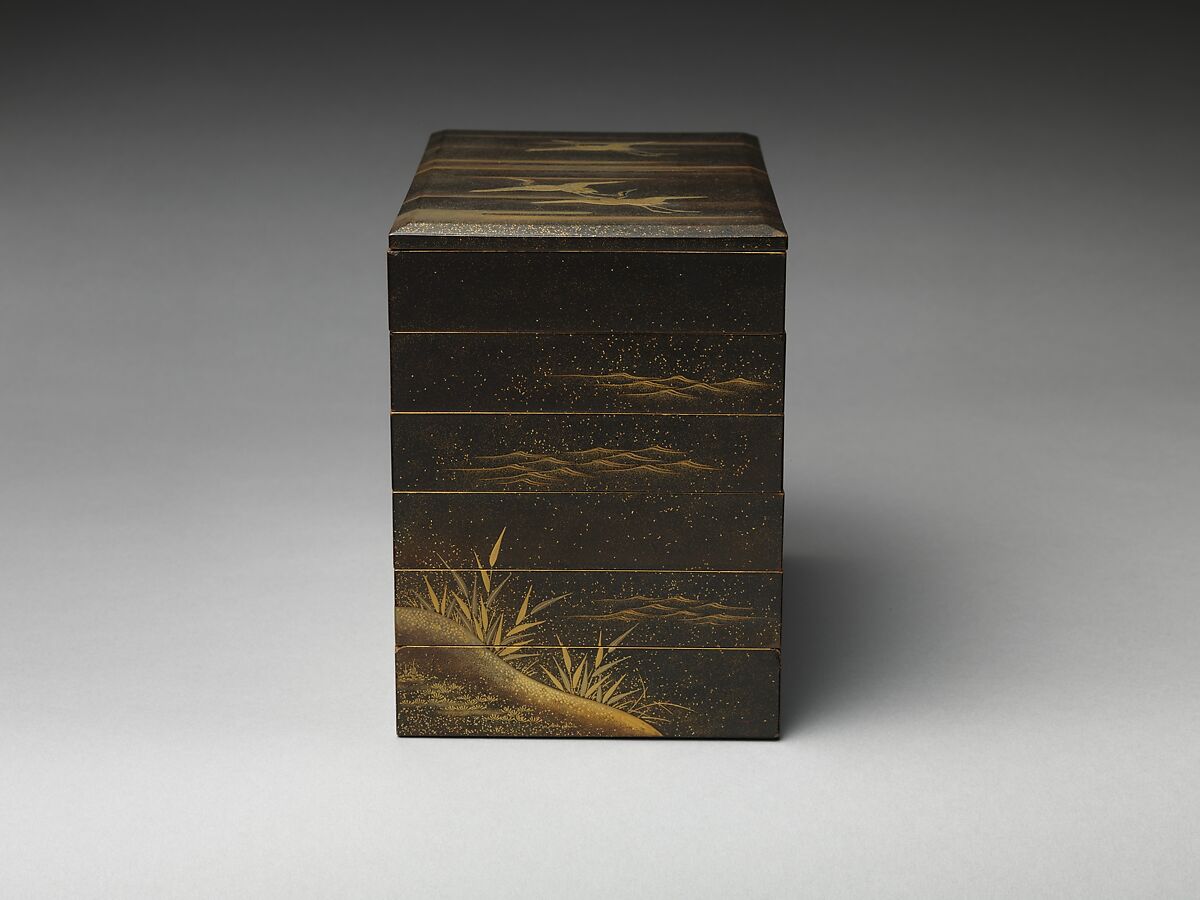 Tiered Box with Reeds and Crane, Black lacquer ground with gold and silver hiramaki-e, Japan