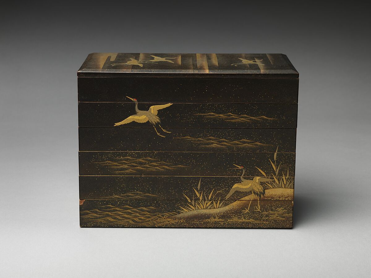 Tiered Box with Reeds and Crane, Black lacquer ground with gold and silver hiramaki-e, Japan