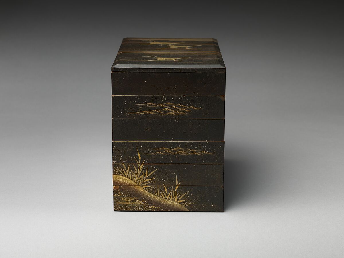 Tiered Box with Reeds and Crane, Black lacquer ground with gold and silver hiramaki-e, Japan