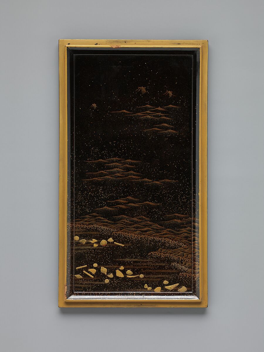 Tiered Box with Reeds and Crane, Black lacquer ground with gold and silver hiramaki-e, Japan