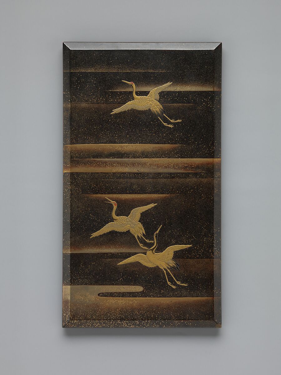 Tiered Box with Reeds and Crane, Black lacquer ground with gold and silver hiramaki-e, Japan