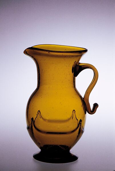 Pitcher, Free-blown amber glass, American, probably 