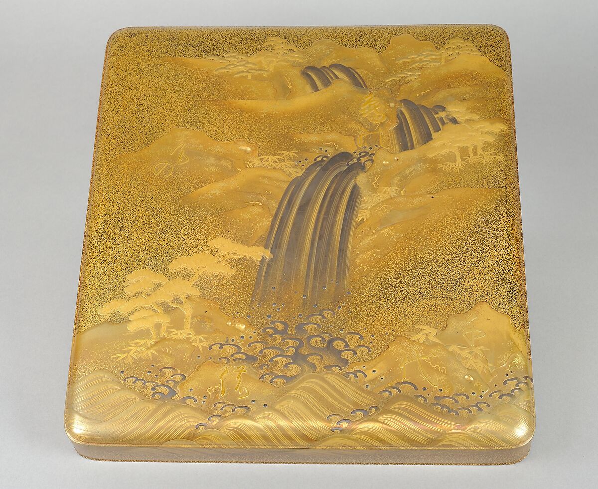 Writing Box (suzuribako) with Waterfall and Auspicious Characters, Lacquered wood with gold and silver takamaki-e, hiramaki-e, togidashimaki-e, and gold inlay on nashiji ground, Japan
