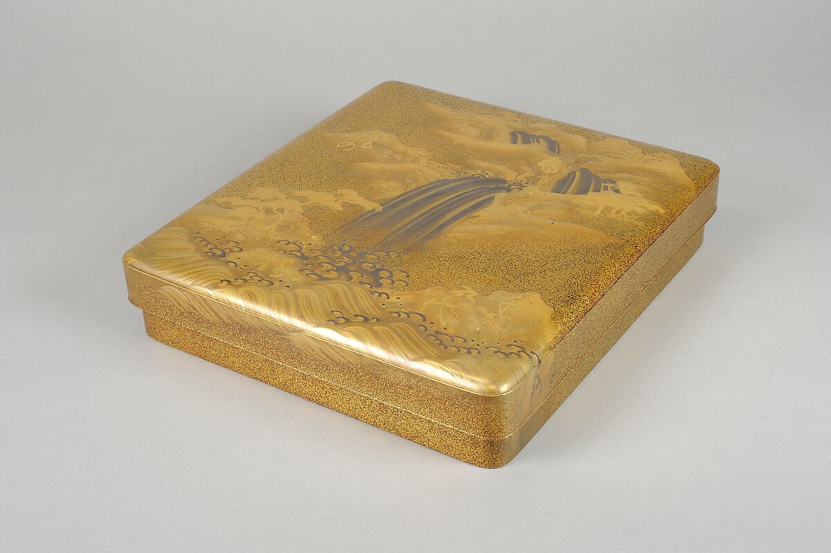 Writing Box (suzuribako) with Waterfall and Auspicious Characters, Lacquered wood with gold and silver takamaki-e, hiramaki-e, togidashimaki-e, and gold inlay on nashiji ground, Japan 