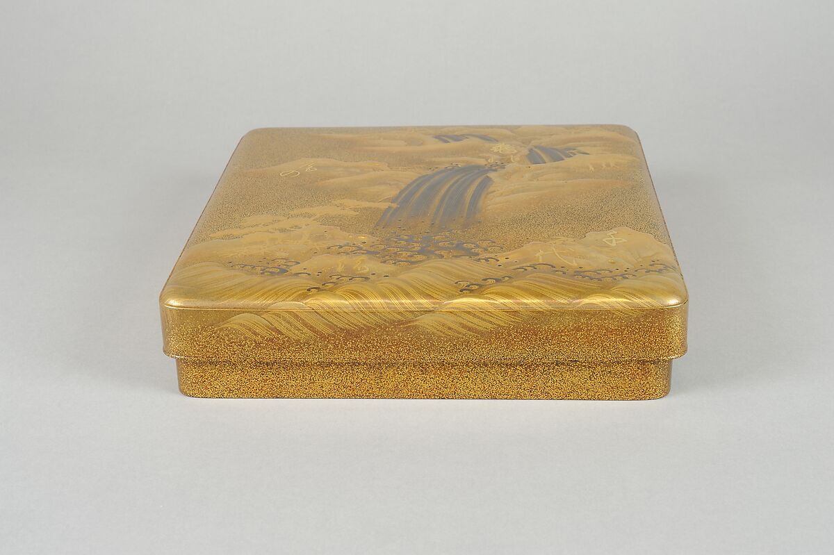 Writing Box (suzuribako) with Waterfall and Auspicious Characters, Lacquered wood with gold and silver takamaki-e, hiramaki-e, togidashimaki-e, and gold inlay on nashiji ground, Japan