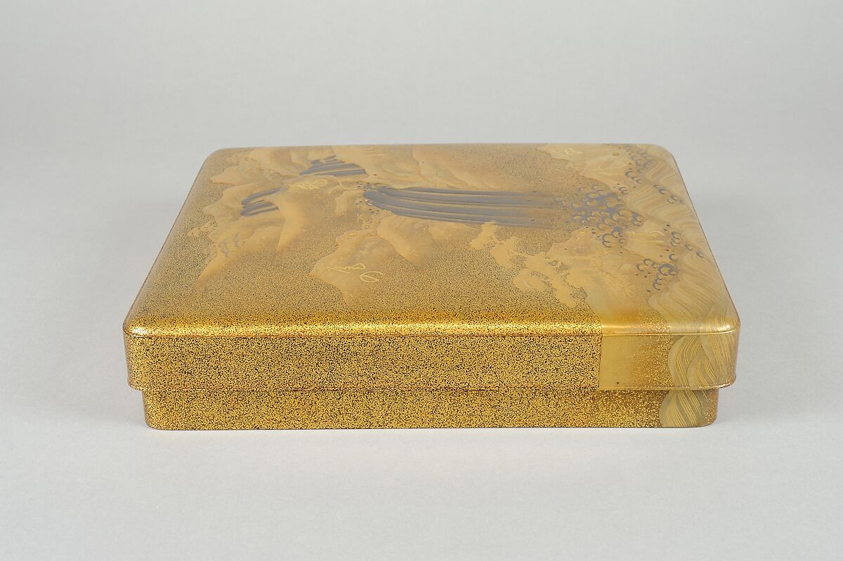 Writing Box (suzuribako) with Waterfall and Auspicious Characters, Lacquered wood with gold and silver takamaki-e, hiramaki-e, togidashimaki-e, and gold inlay on nashiji ground, Japan