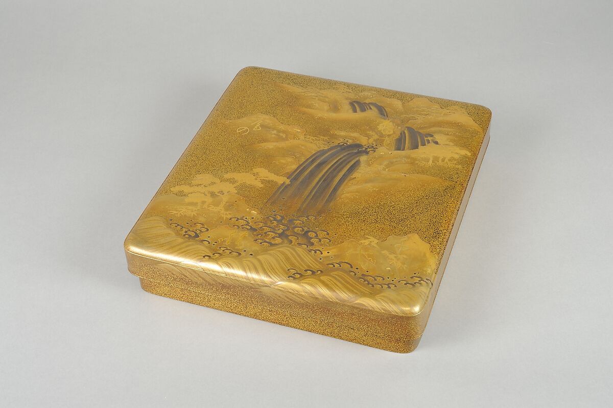 Writing Box (suzuribako) with Waterfall and Auspicious Characters, Lacquered wood with gold and silver takamaki-e, hiramaki-e, togidashimaki-e, and gold inlay on nashiji ground, Japan