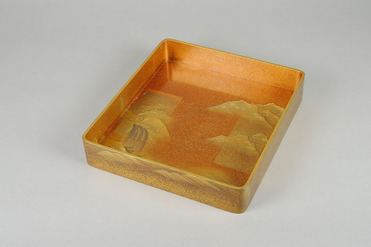 Writing Box (suzuribako) with Waterfall and Auspicious Characters, Lacquered wood with gold and silver takamaki-e, hiramaki-e, togidashimaki-e, and gold inlay on nashiji ground, Japan