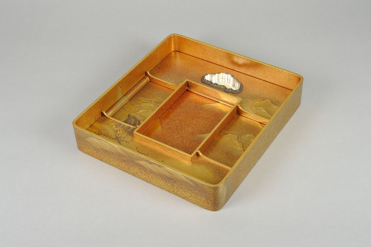 Writing Box (suzuribako) with Waterfall and Auspicious Characters, Lacquered wood with gold and silver takamaki-e, hiramaki-e, togidashimaki-e, and gold inlay on nashiji ground, Japan
