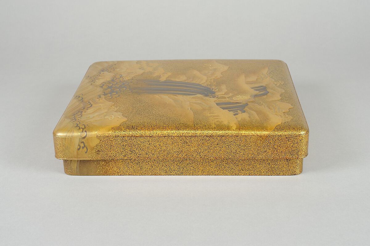 Writing Box (suzuribako) with Waterfall and Auspicious Characters, Lacquered wood with gold and silver takamaki-e, hiramaki-e, togidashimaki-e, and gold inlay on nashiji ground, Japan