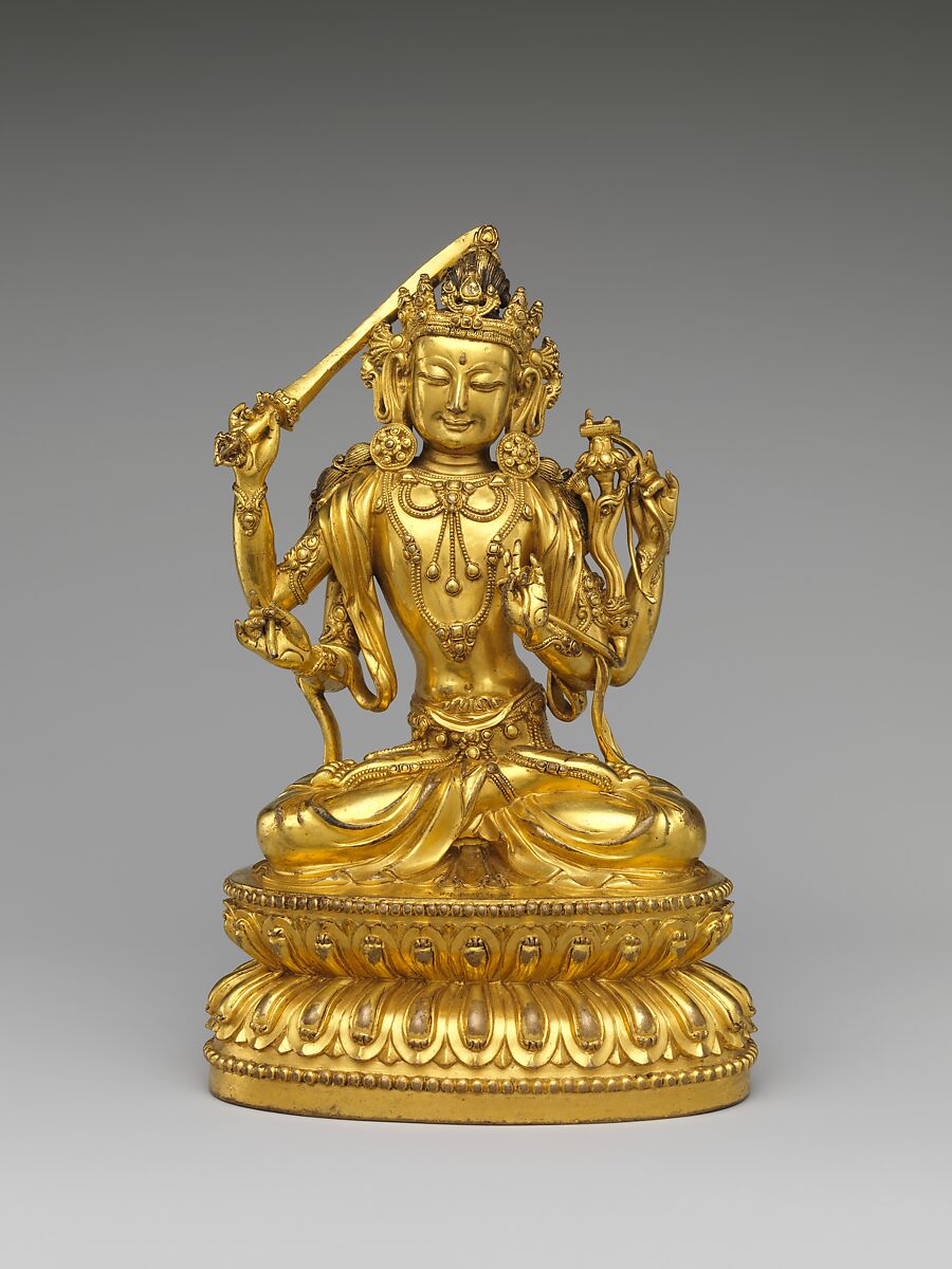 Bodhisattva Manjushri as Tikshna-Manjushri (Minjie Wenshu), Gilt brass; lost-wax casting, China 