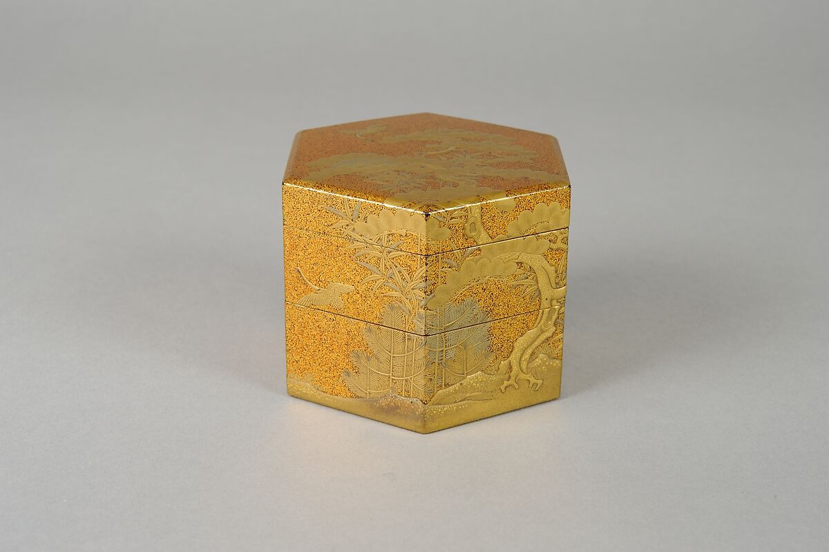 Two-Tiered Incense Box, Takamakie, hiramakie, nashiji, red lacquer, red powder for crane's head, Japan 