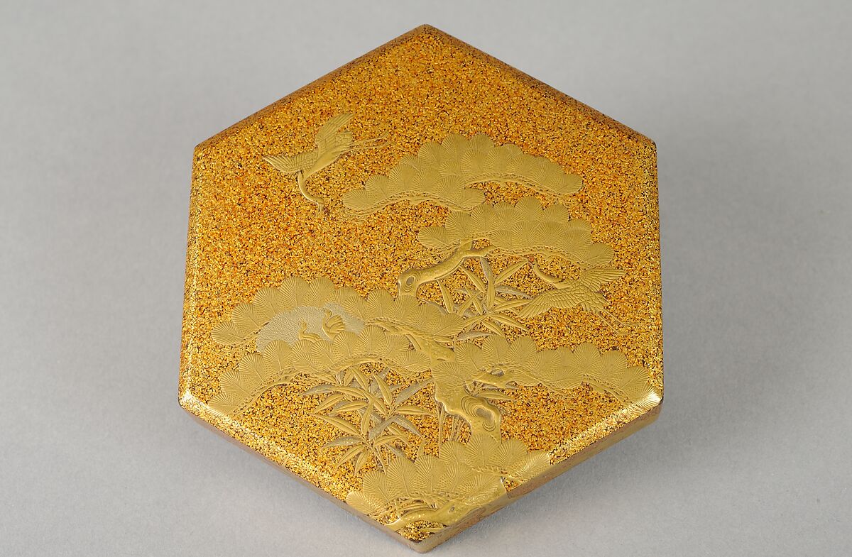 Two-Tiered Incense Box, Takamakie, hiramakie, nashiji, red lacquer, red powder for crane's head, Japan