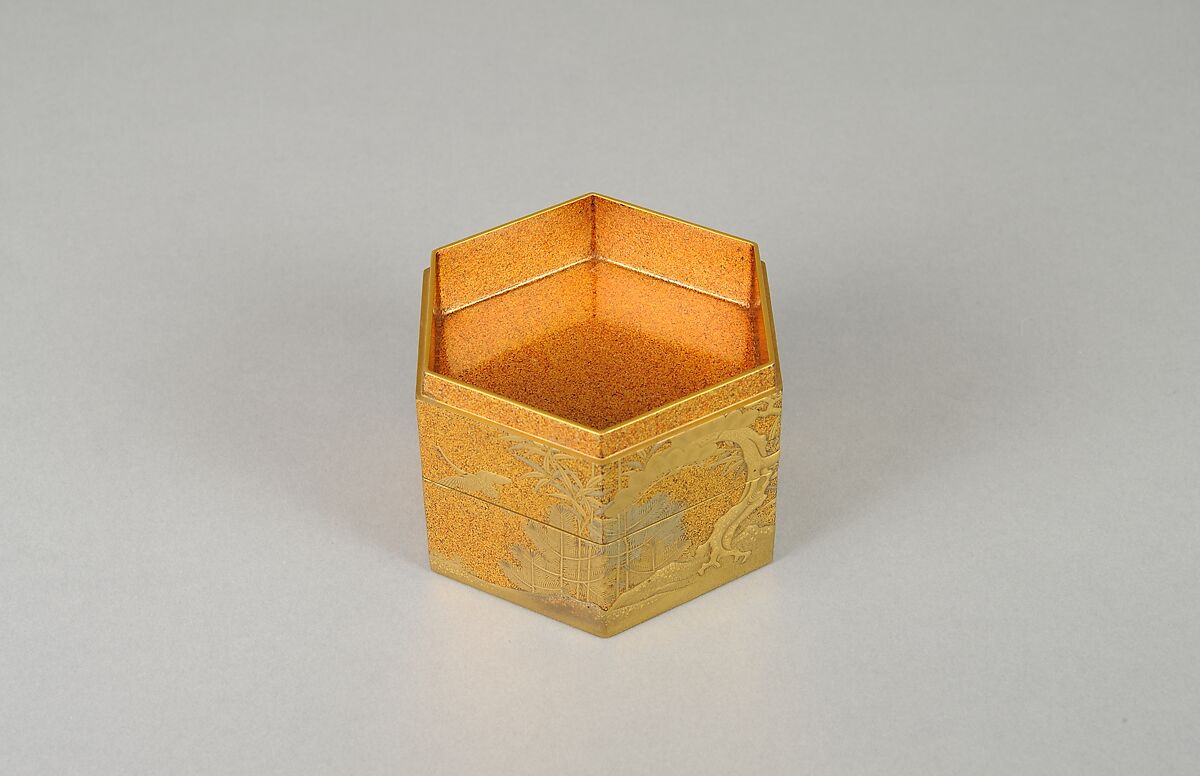 Two-Tiered Incense Box, Takamakie, hiramakie, nashiji, red lacquer, red powder for crane's head, Japan