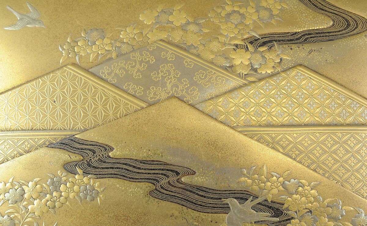 Box with Folded Brocade Pattern, Gold and silver maki-e on gold lacquer, Japan