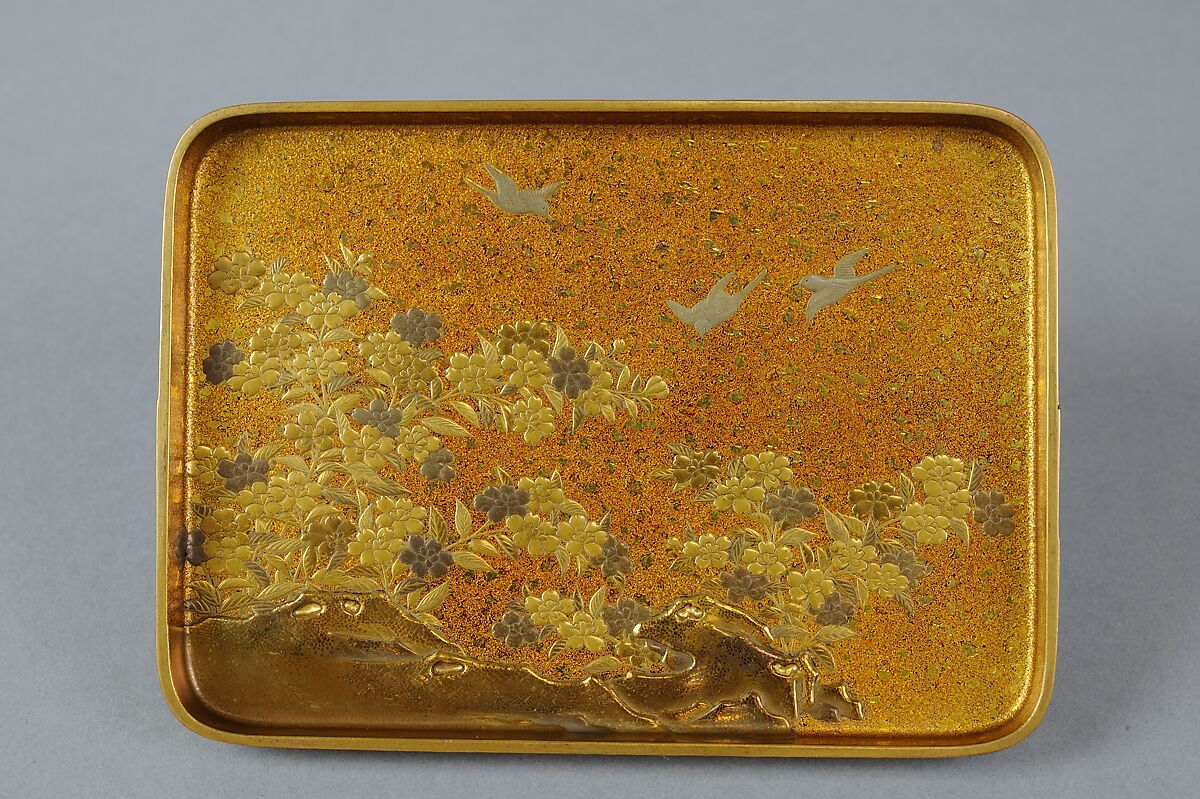 Box with Folded Brocade Pattern, Gold and silver maki-e on gold lacquer, Japan