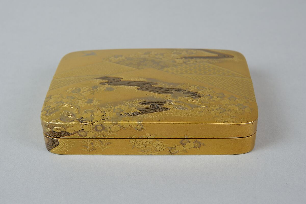 Box with Folded Brocade Pattern, Gold and silver maki-e on gold lacquer, Japan