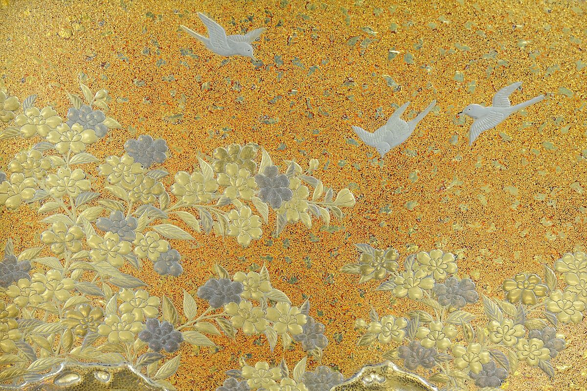 Box with Folded Brocade Pattern, Gold and silver maki-e on gold lacquer, Japan