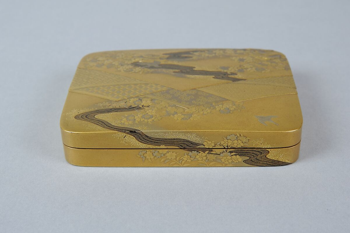 Box with Folded Brocade Pattern, Gold and silver maki-e on gold lacquer, Japan