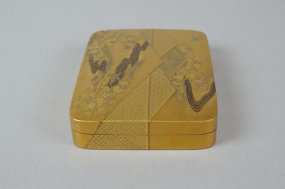 Box with Folded Brocade Pattern, Gold and silver maki-e on gold lacquer, Japan