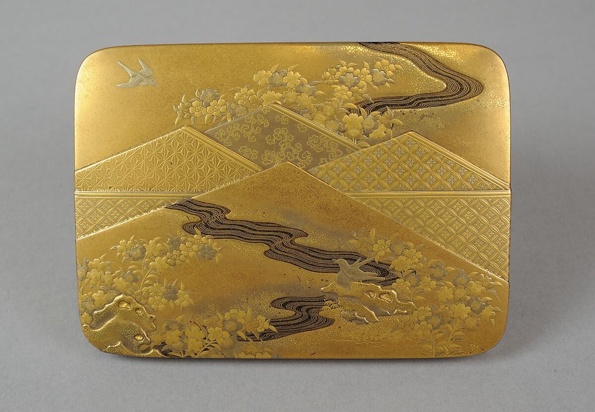 Box with Folded Brocade Pattern, Gold and silver maki-e on gold lacquer, Japan 