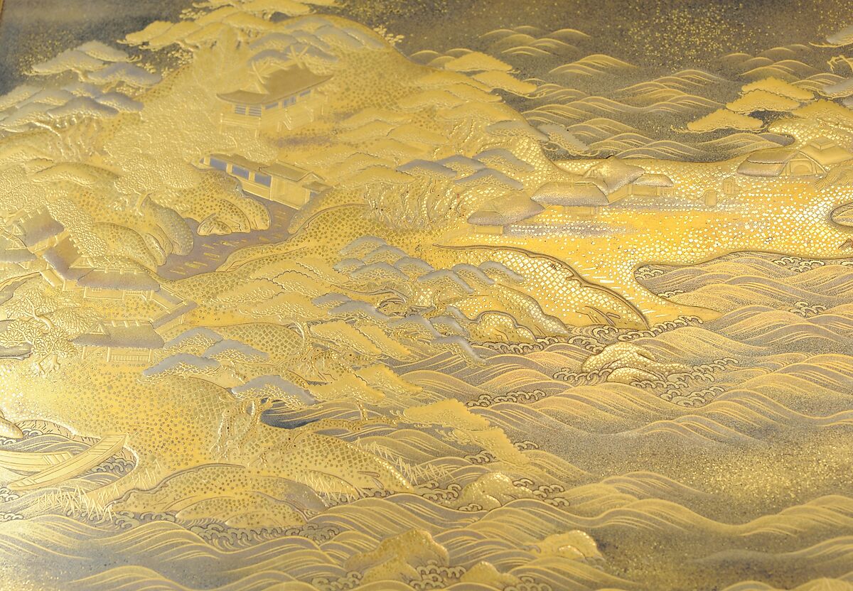Tray with Design of Pines Along the Shore, Gold maki-e on black lacquer, Japan