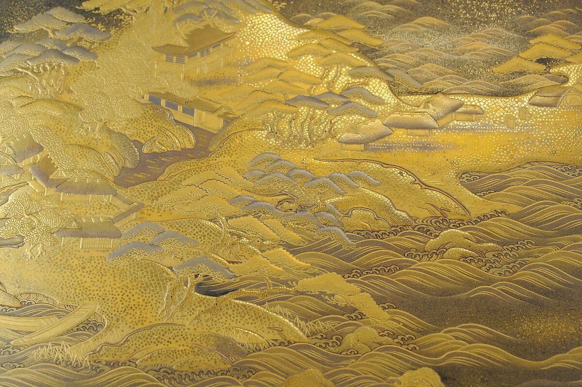 Tray with Design of Pines Along the Shore, Gold maki-e on black lacquer, Japan