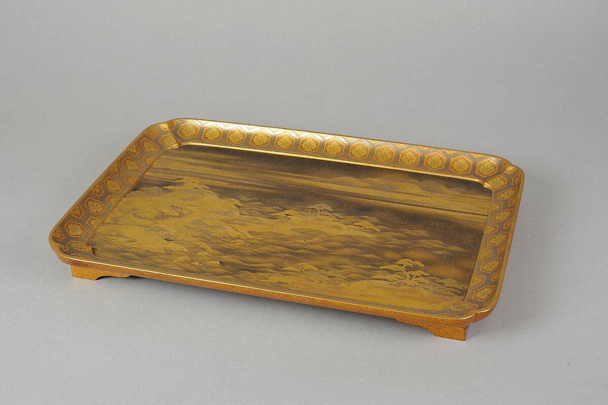 Tray with Design of Pines Along the Shore, Gold maki-e on black lacquer, Japan