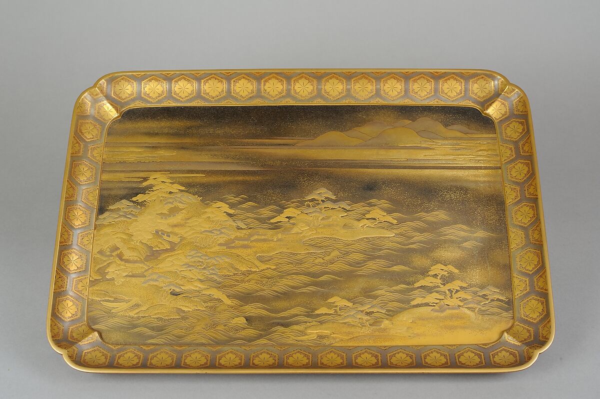 Tray with Design of Pines Along the Shore, Gold maki-e on black lacquer, Japan 