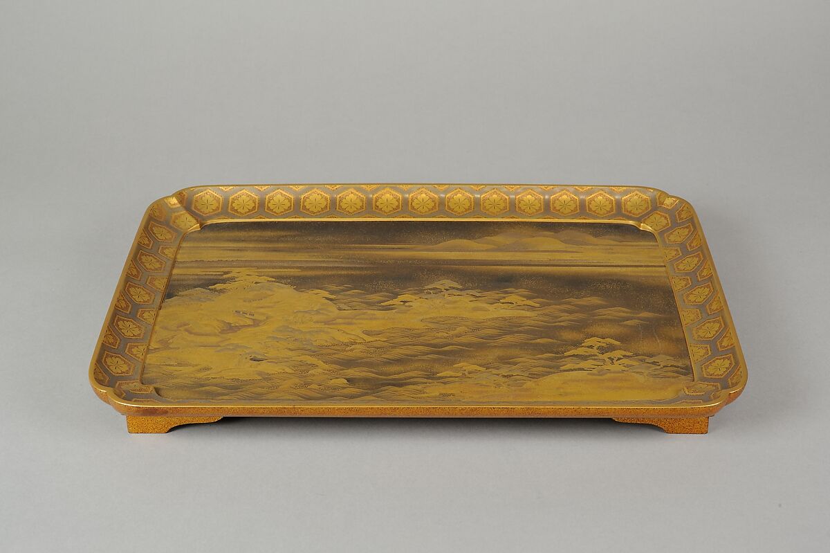 Tray with Design of Pines Along the Shore, Gold maki-e on black lacquer, Japan