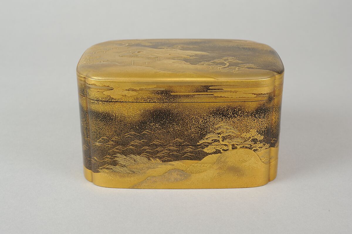 Box with Design of Pines Along the Shore, Gold maki-e on black lacquer, Japan