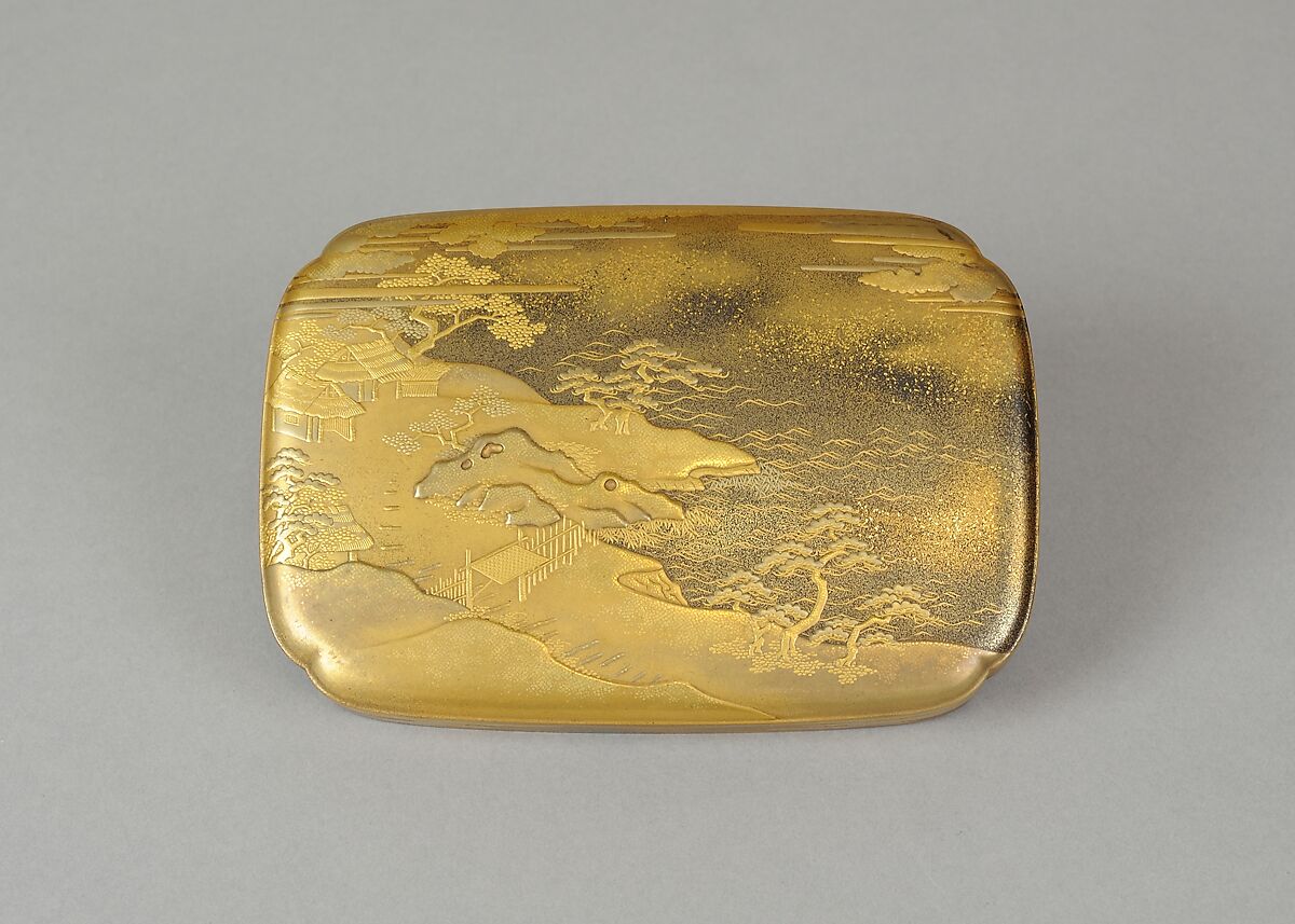 Box with Design of Pines Along the Shore, Gold maki-e on black lacquer, Japan
