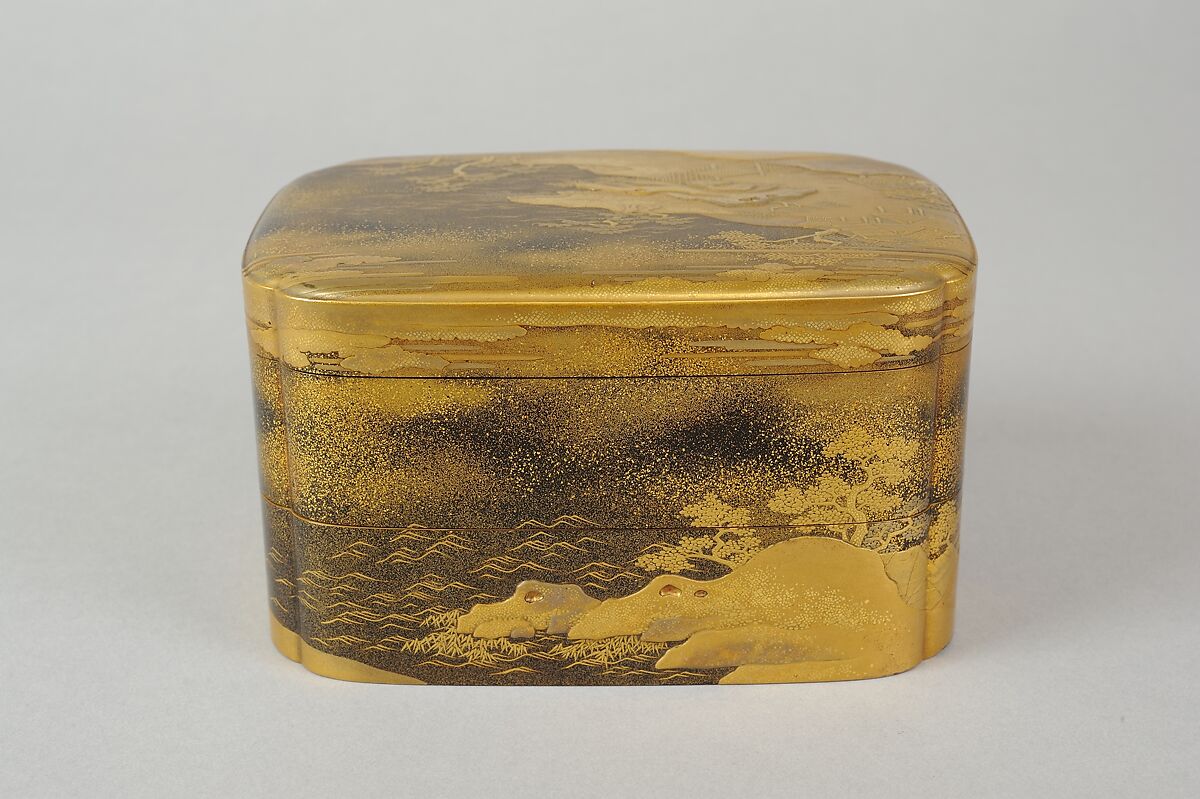 Box with Design of Pines Along the Shore, Gold maki-e on black lacquer, Japan