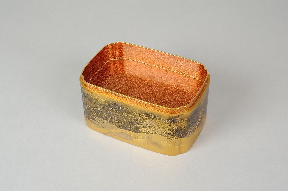 Box with Design of Pines Along the Shore, Gold maki-e on black lacquer, Japan