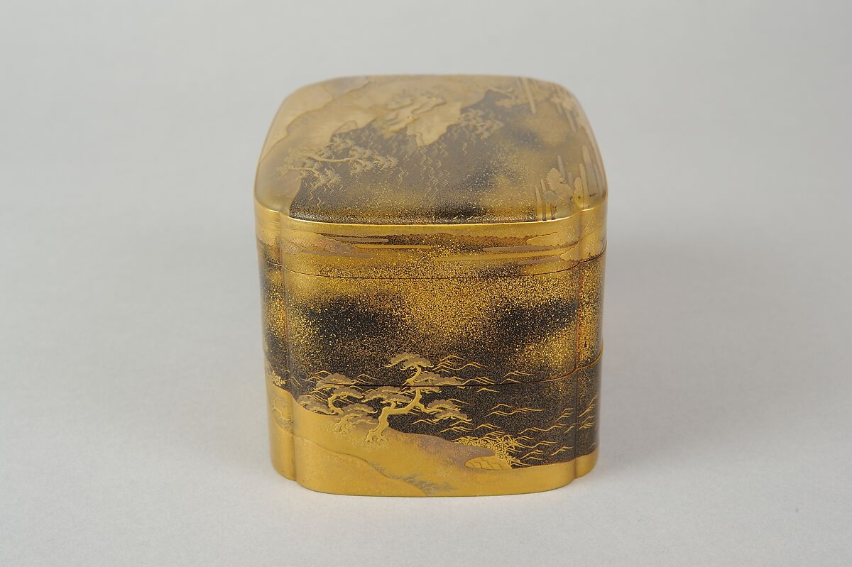 Box with Design of Pines Along the Shore, Gold maki-e on black lacquer, Japan