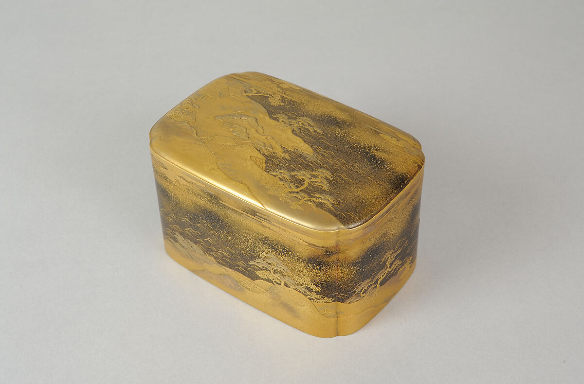 Box with Design of Pines Along the Shore, Gold maki-e on black lacquer, Japan 