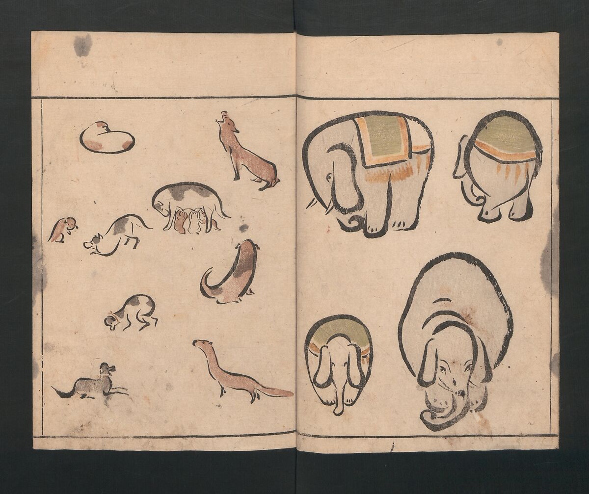 Abbreviated Drawing Styles for Birds and Animals (Chōjū ryakuga shiki) 鳥獣略画式, Kuwagata Keisai 鍬形蕙斎 (Japanese, 1764–1824), Woodblock printed book; ink and color on paper, Japan