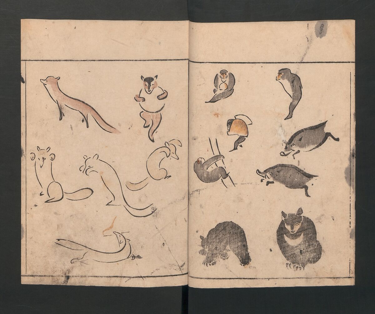 Abbreviated Drawing Styles for Birds and Animals (Chōjū ryakuga shiki) 鳥獣略画式, Kuwagata Keisai 鍬形蕙斎 (Japanese, 1764–1824), Woodblock printed book; ink and color on paper, Japan