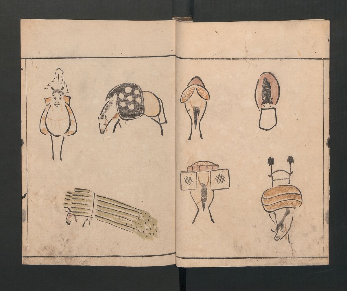 Abbreviated Drawing Styles for Birds and Animals (Chōjū ryakuga shiki) 鳥獣略画式, Kuwagata Keisai 鍬形蕙斎 (Japanese, 1764–1824), Woodblock printed book; ink and color on paper, Japan