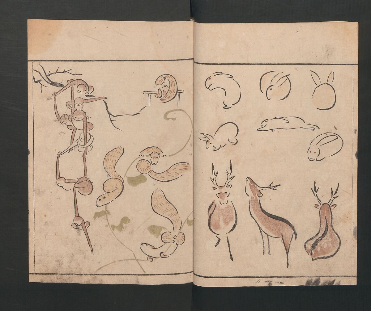 Abbreviated Drawing Styles for Birds and Animals (Chōjū ryakuga shiki) 鳥獣略画式, Kuwagata Keisai 鍬形蕙斎 (Japanese, 1764–1824), Woodblock printed book; ink and color on paper, Japan