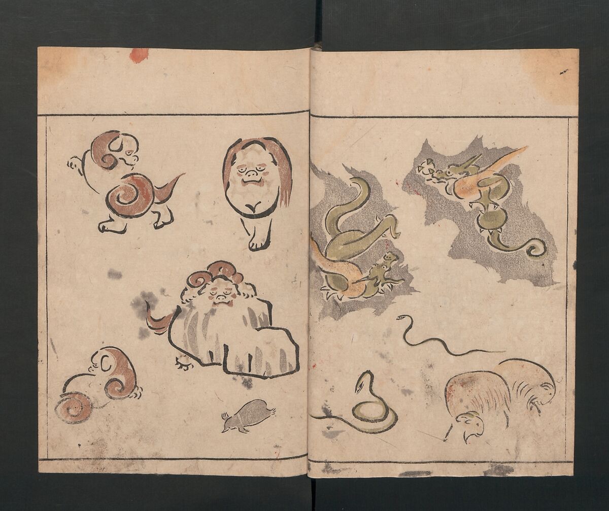 Abbreviated Drawing Styles for Birds and Animals (Chōjū ryakuga shiki) 鳥獣略画式, Kuwagata Keisai 鍬形蕙斎 (Japanese, 1764–1824), Woodblock printed book; ink and color on paper, Japan